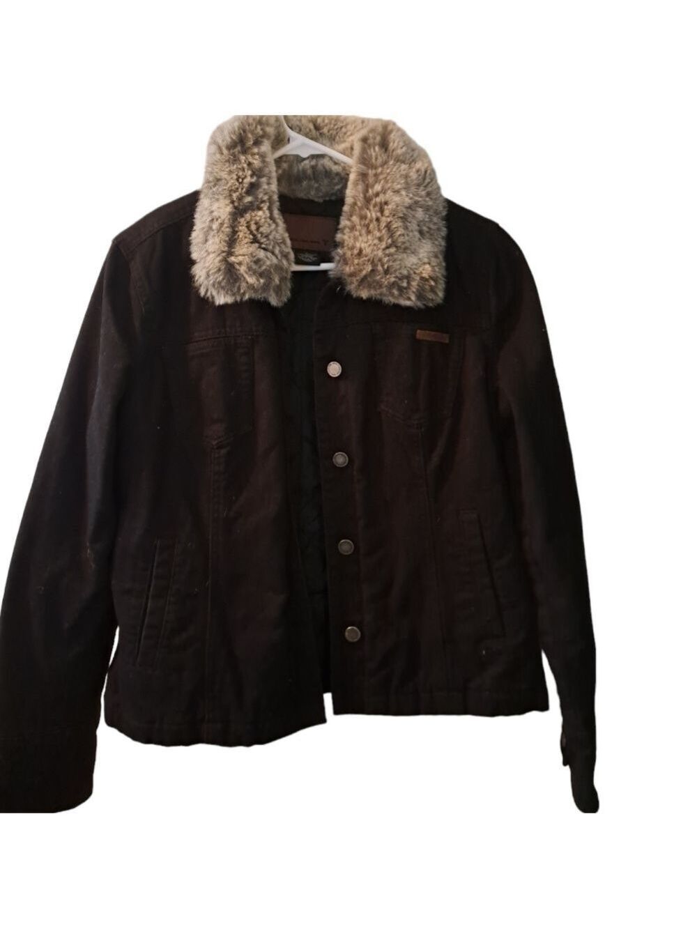 CALVIN KLEIN quilted black jacket faux fur collar black grey button ladies MED